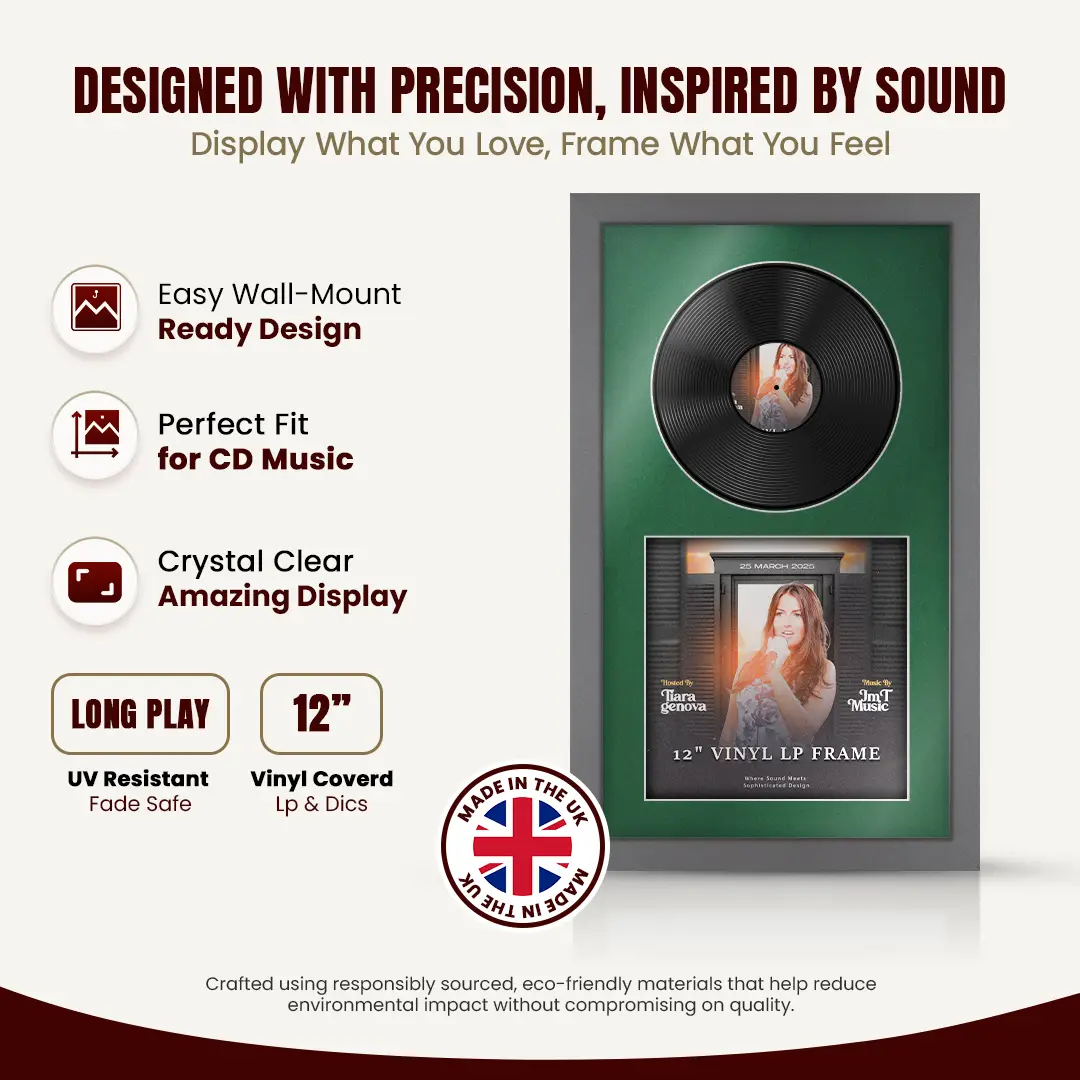30x17" Modern Dark Grey Vinyl Record Frame With Emerald (Green) Mount | Side by Side 12" LP Cover & Disc Display thumbnail 8