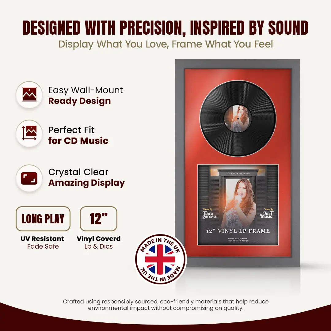 30x17" Modern Dark Grey Vinyl Record Frame With Poppy Red Mount | Displays 12" LP Cover & Disc Side by Side thumbnail 8