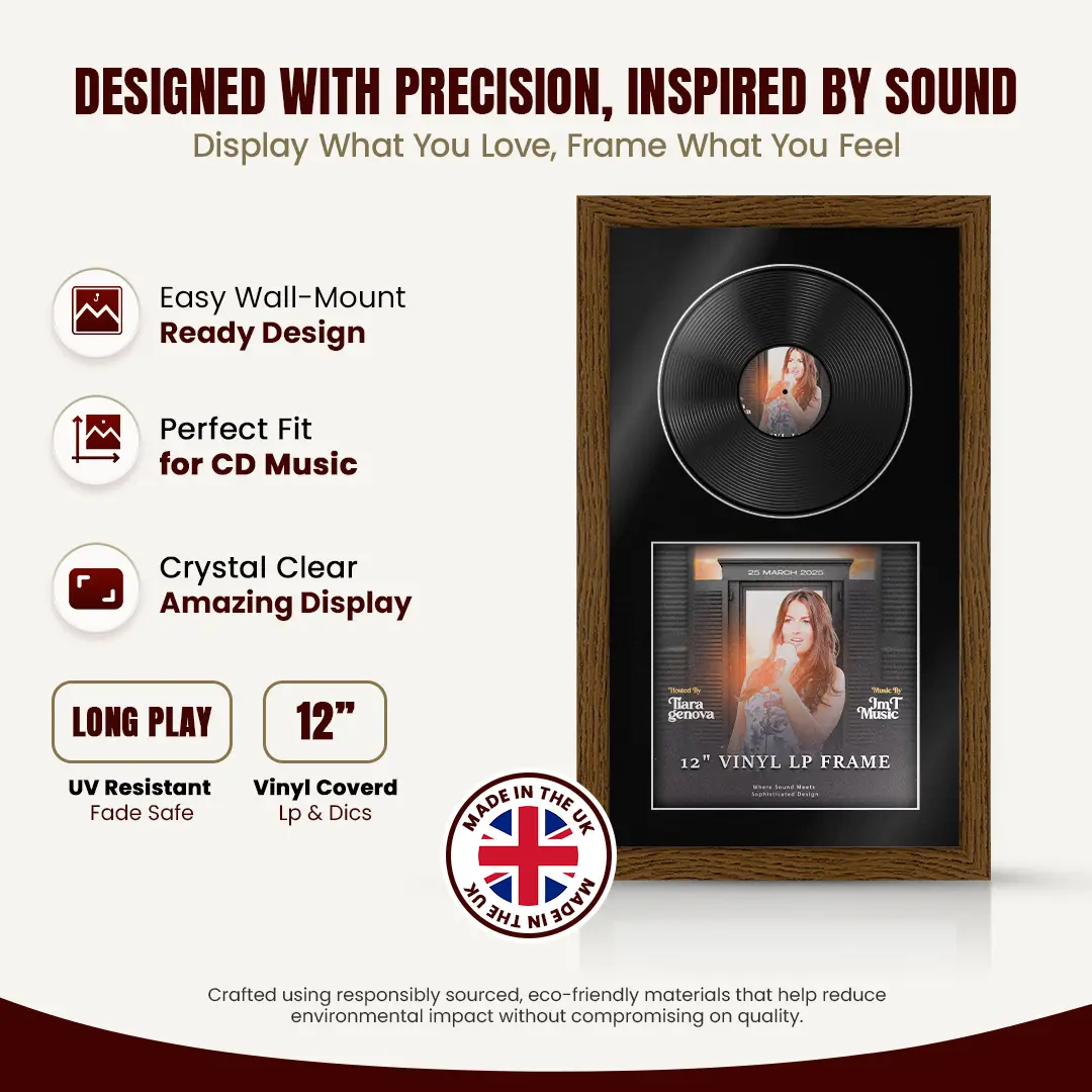 30x17" Modern Dark Oak Vinyl Record Frame With Black Mount | Displays 12" LP Cover & Disc Side by Side thumbnail 8