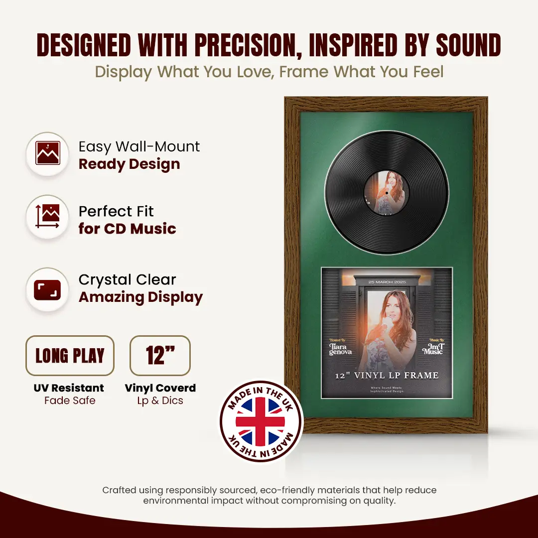 30x17" Modern Dark Oak Vinyl Record Frame With Emerald (Green) Mount | Side by Side 12" LP Cover & Disc Display thumbnail 8