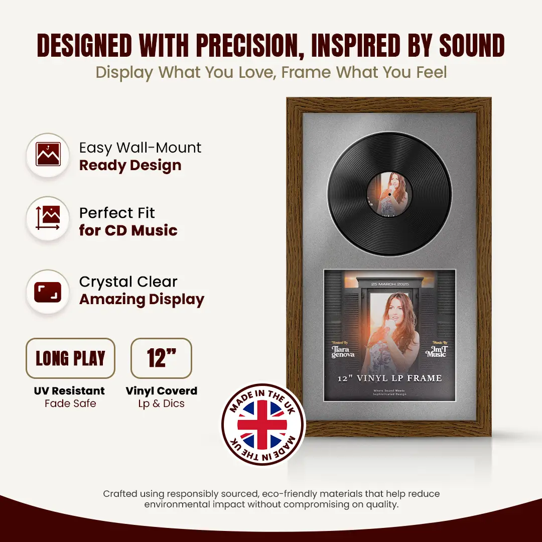 30x17" Modern Dark Oak Vinyl Record Frame With Silver Mount | For 12" LP Cover and Disc Side By Side Display thumbnail 8