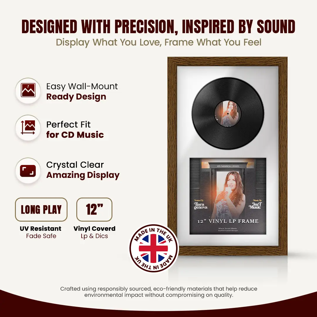 30x17" Modern Dark Oak Vinyl Record Frame With Ice White Mount | Displays 12" LP Cover & Disc Side by Side thumbnail 8