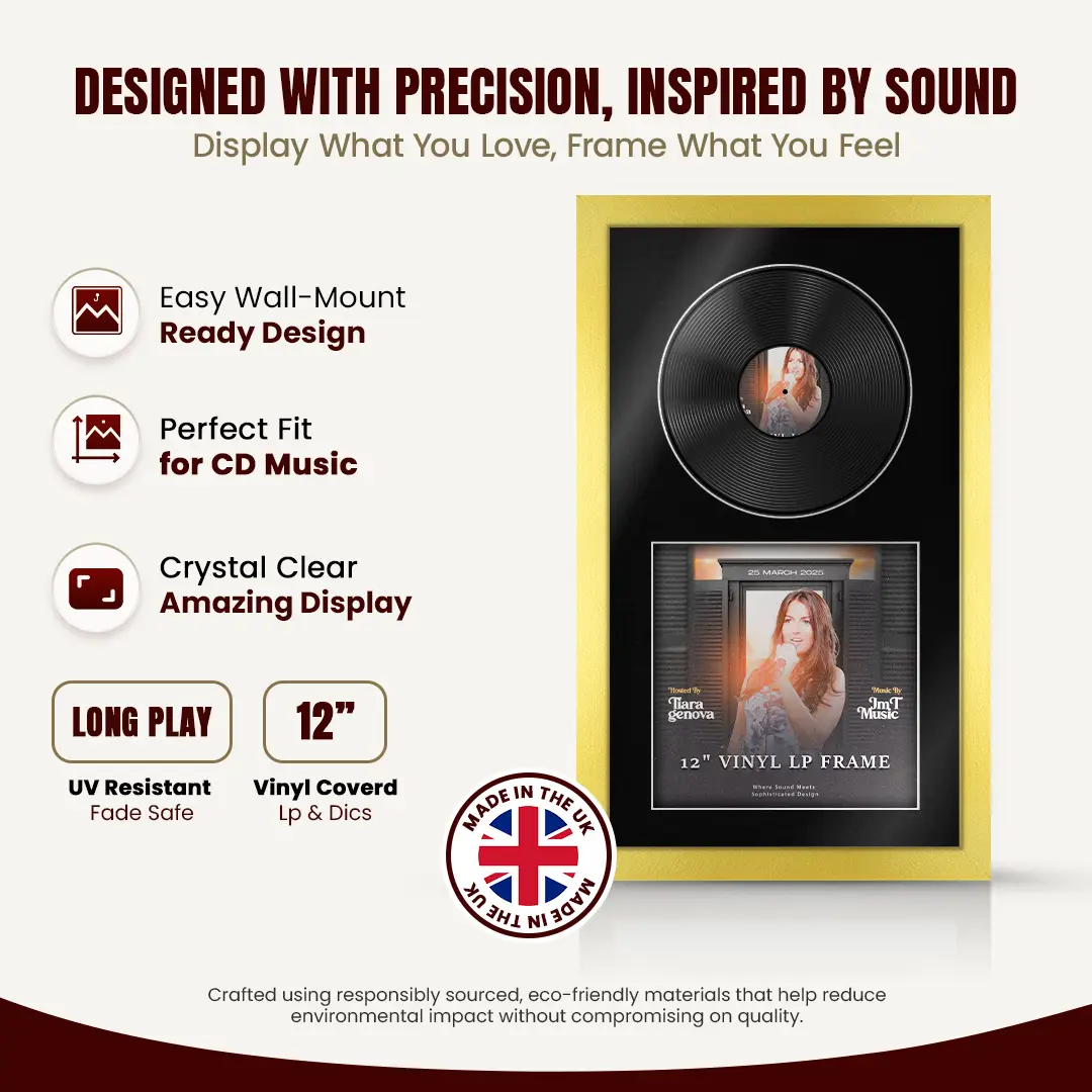30x17" Modern Gold Vinyl Record Frame With Black Mount | Displays 12" LP Cover & Disc Side by Side thumbnail 8