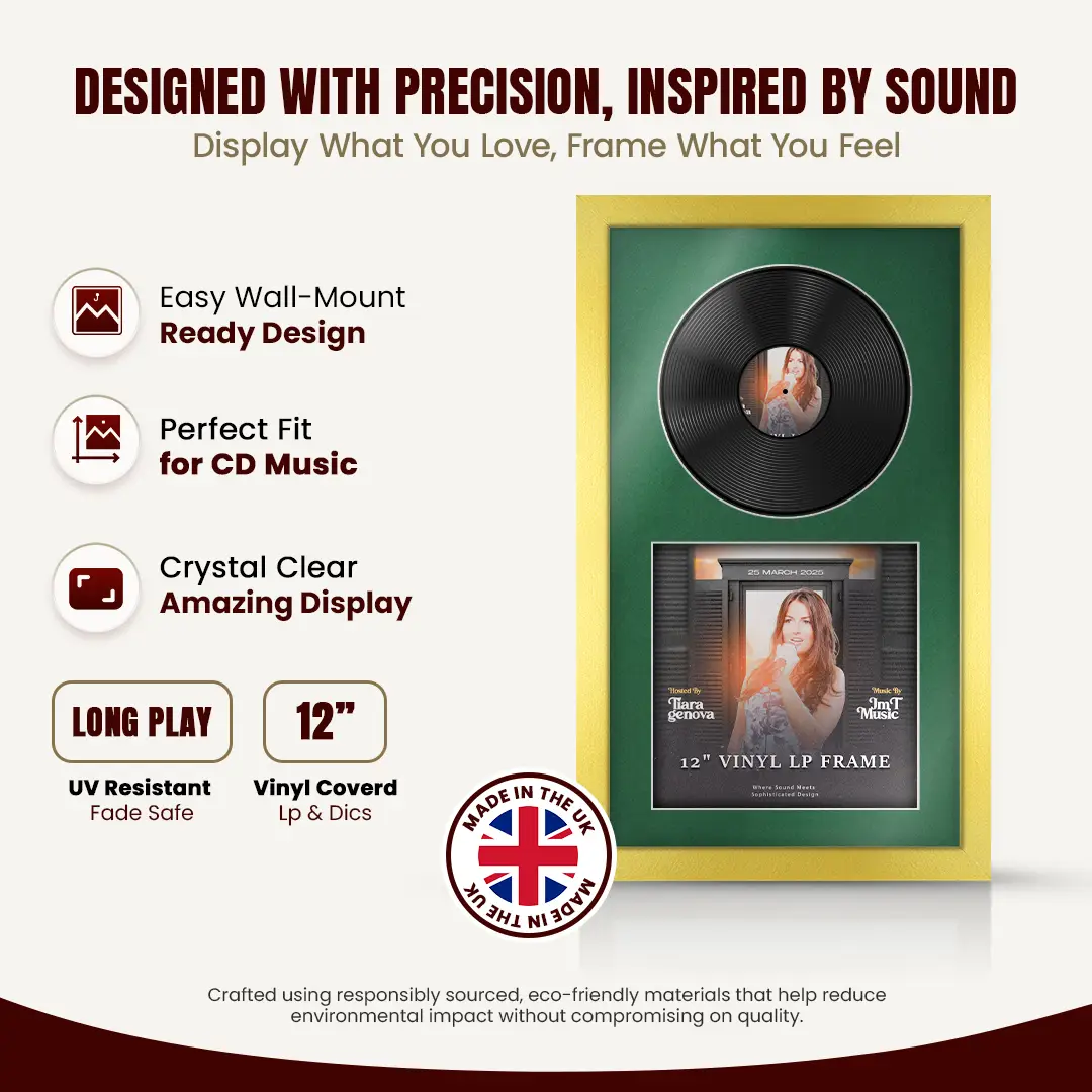 30x17" Modern Gold Vinyl Record Frame With Emerald (Green) Mount | For 12" LP Cover and Disc Side By Side Display thumbnail 8