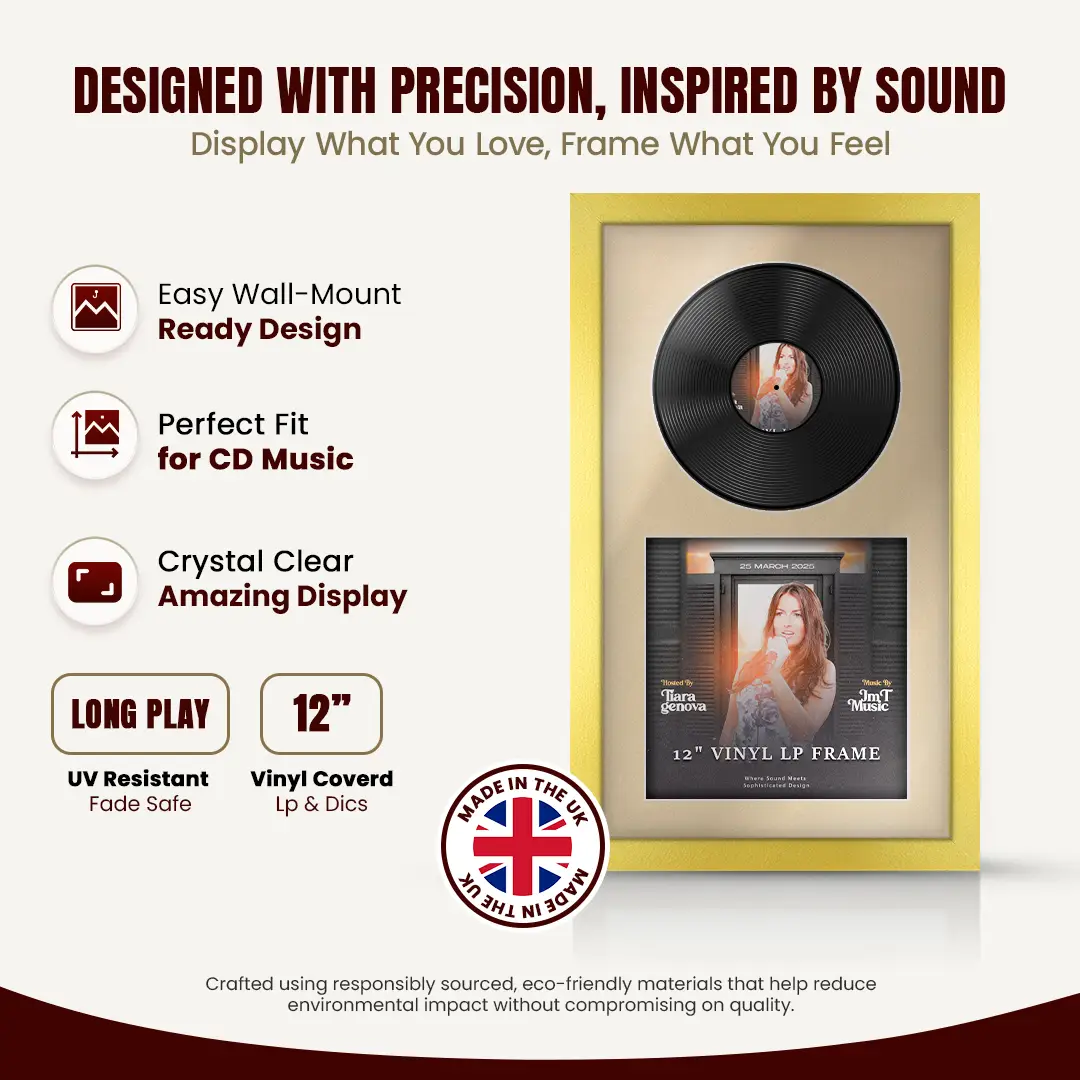 30x17" Modern Gold Vinyl Record Frame With Ivory Mount | For 12" LP Cover and Disc Side By Side Display thumbnail 8