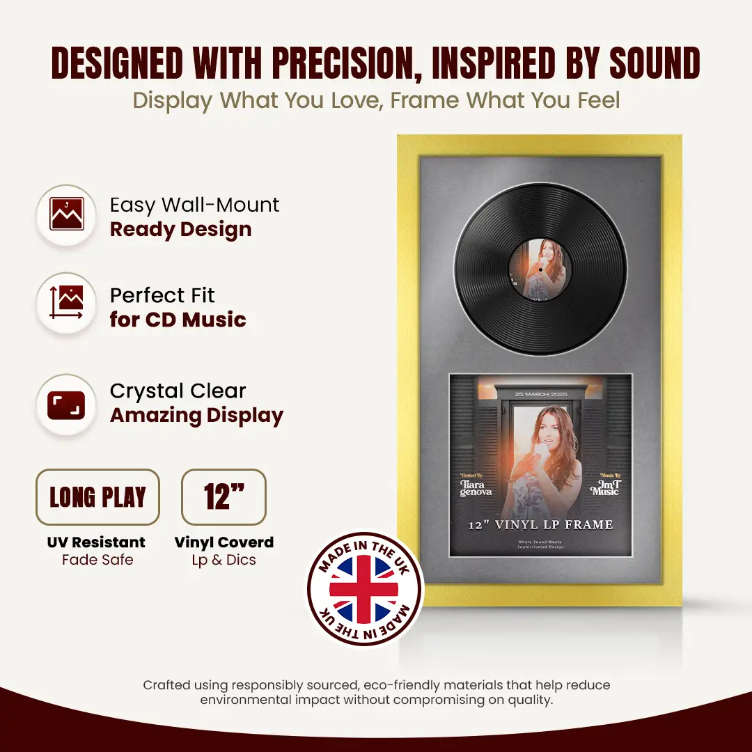 30x17" Modern Gold Vinyl Record Frame With Mid Grey Mount | Side by Side 12" LP Cover & Disc Display thumbnail 8