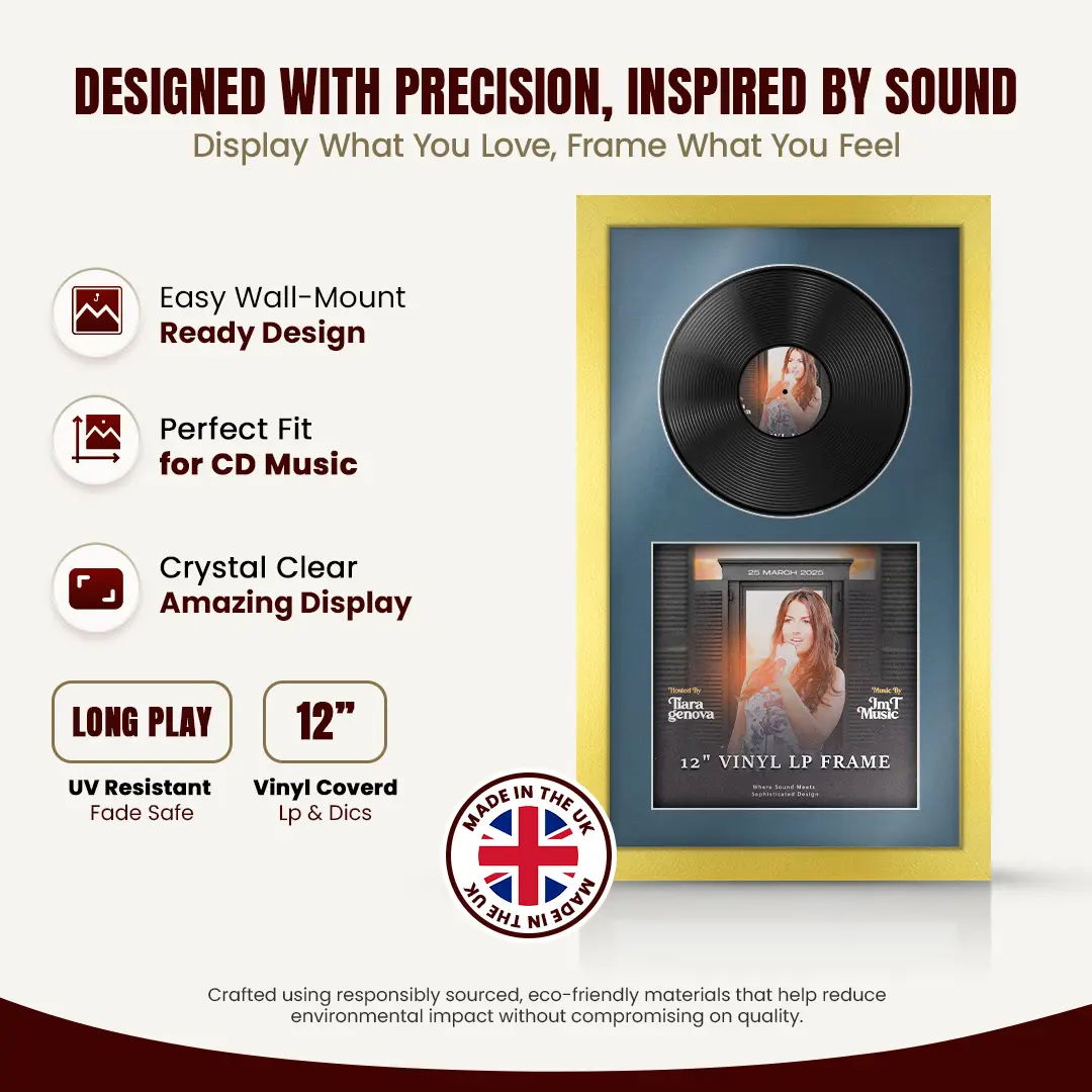 30x17" Modern Gold Vinyl Record Frame With Pompador Mount | Side by Side 12" LP Cover & Disc Display thumbnail 8