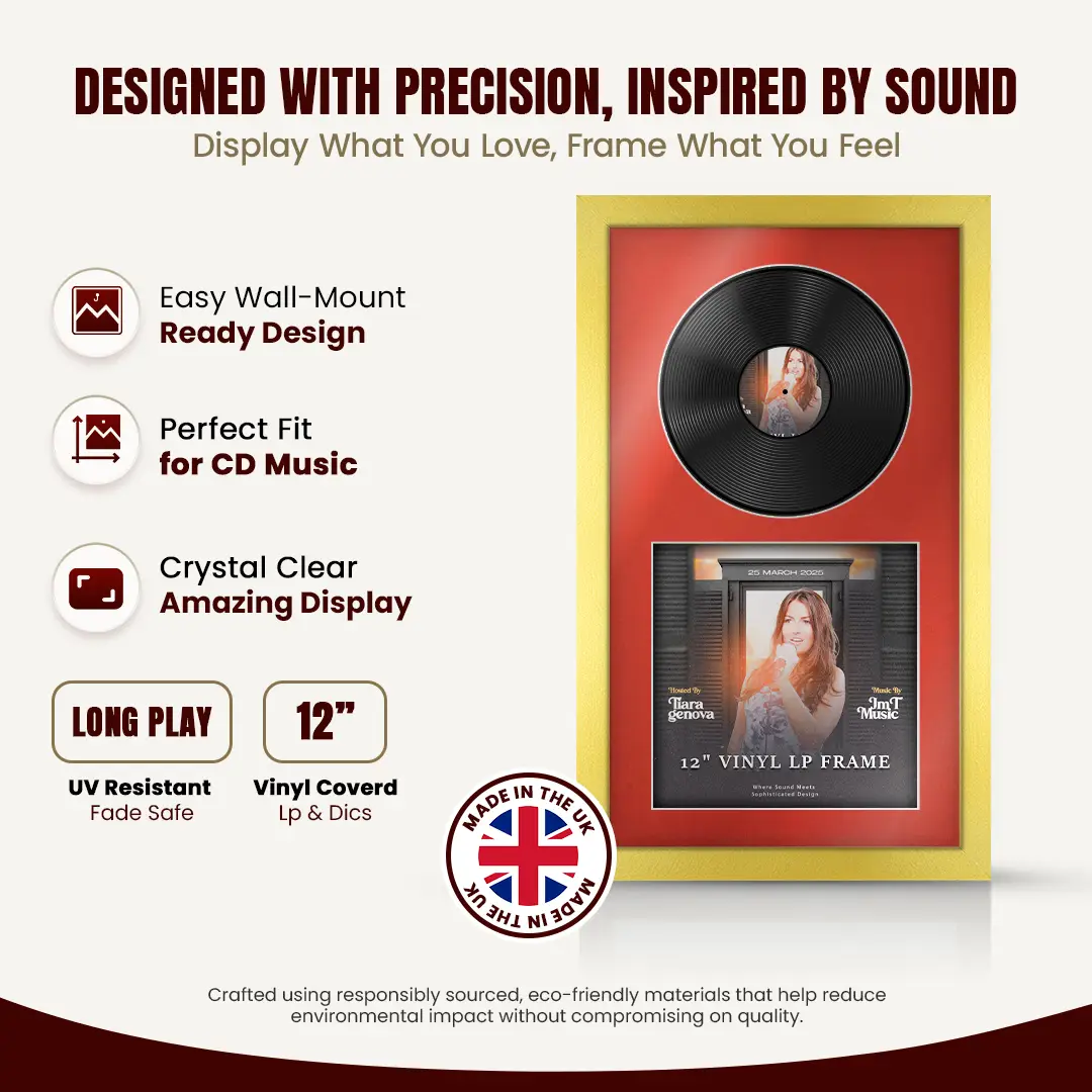 30x17" Modern Gold Vinyl Record Frame With Poppy Red Mount | Side by Side 12" LP Cover & Disc Display thumbnail 8