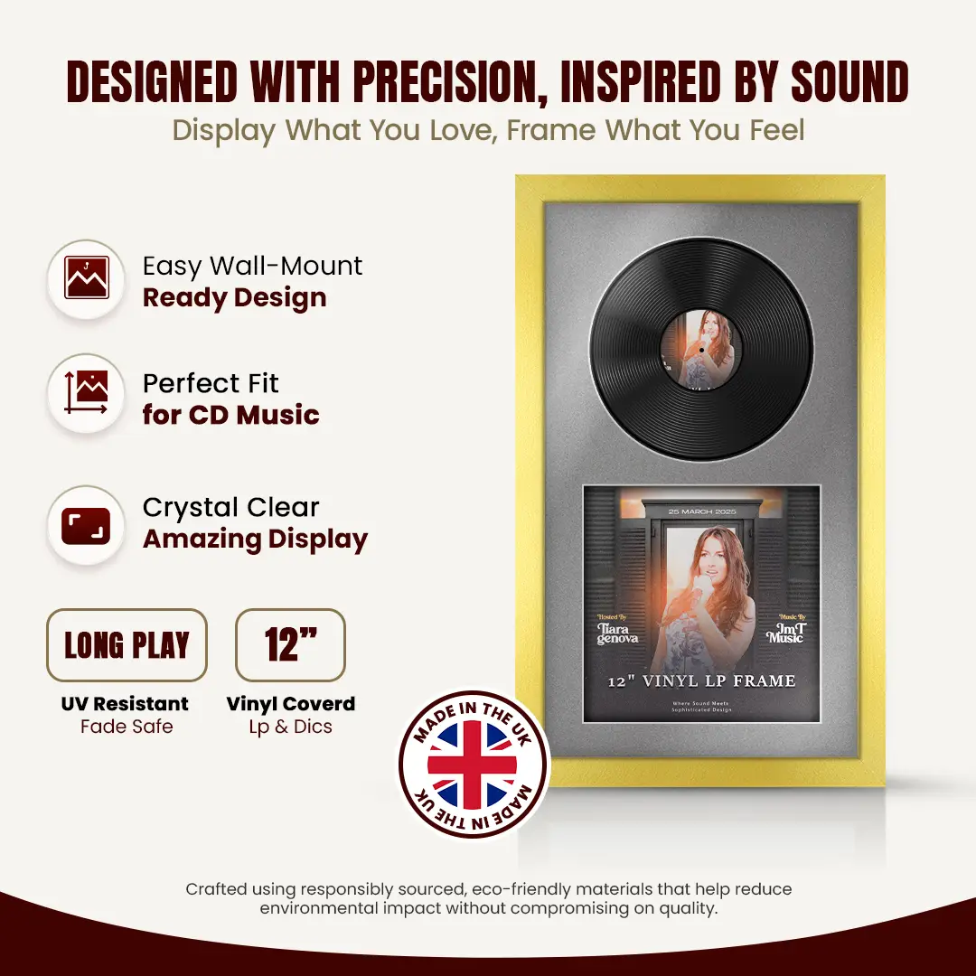 30x17" Modern Gold Vinyl Record Frame With Silver Mount | Displays 12" LP Cover & Disc Side by Side thumbnail 8