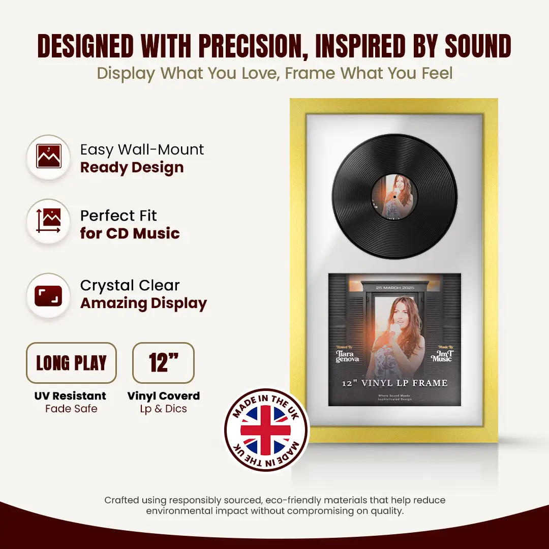 30x17" Modern Gold Vinyl Record Frame With Ice White Mount | For 12" LP Cover and Disc Side By Side Display thumbnail 8