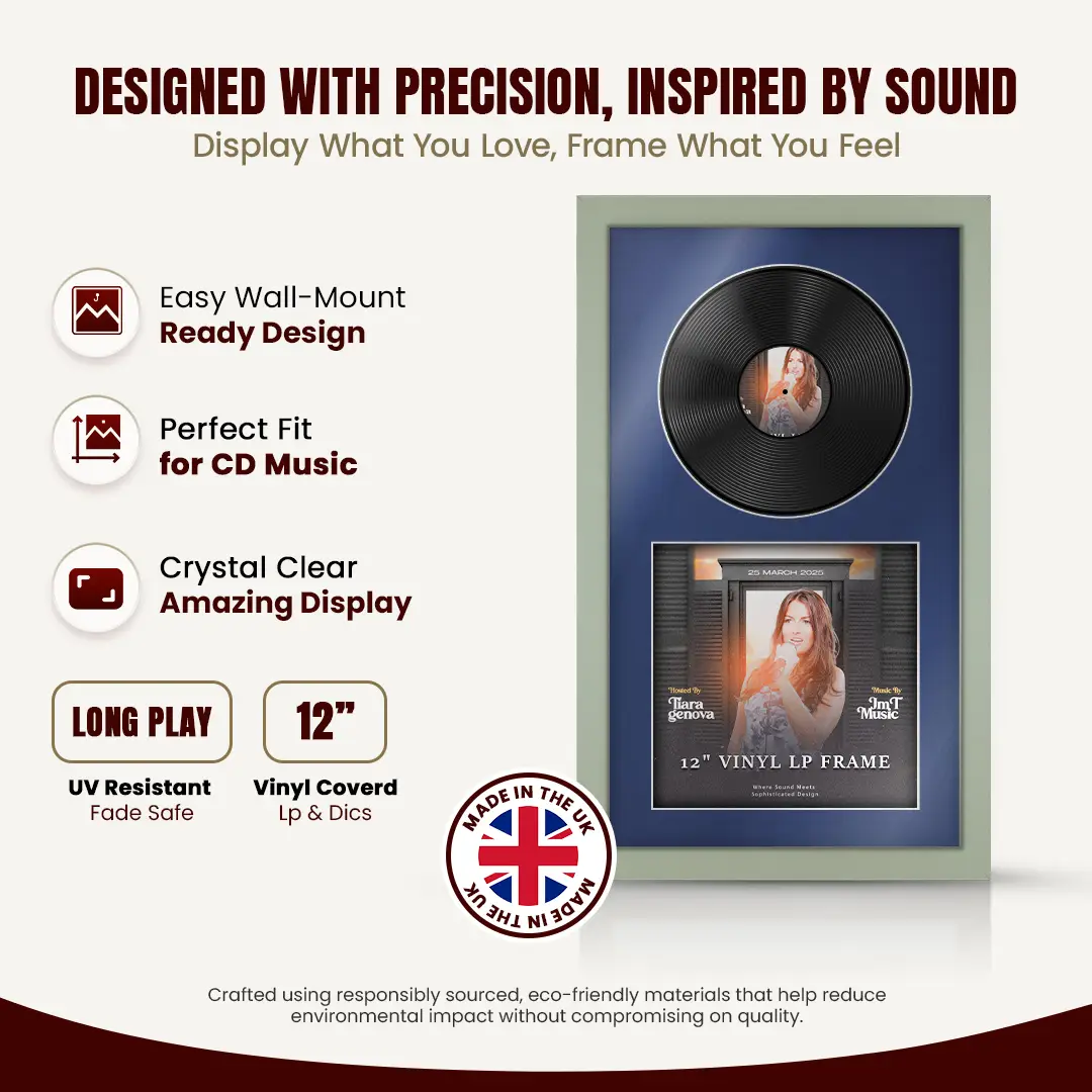 30x17" Modern Green Vinyl Record Frame With Blue Mount | For 12" LP Cover and Disc Side By Side Display thumbnail 8