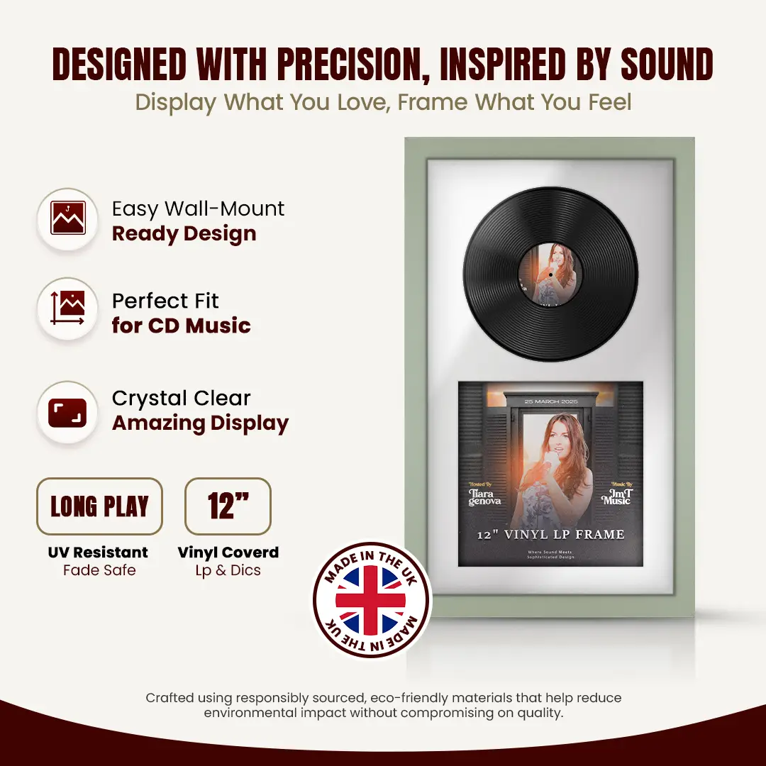 30x17" Modern Green Vinyl Record Frame With Ice White Mount | Displays 12" LP Cover & Disc Side by Side thumbnail 8