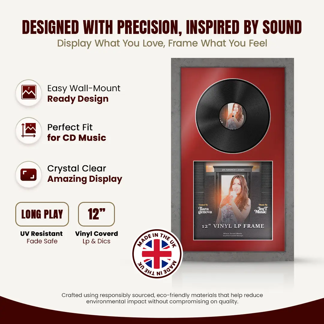 30x17" Modern Grey Marble Vinyl Record Frame With Crimson Mount | Displays 12" LP Cover & Disc Side by Side thumbnail 8