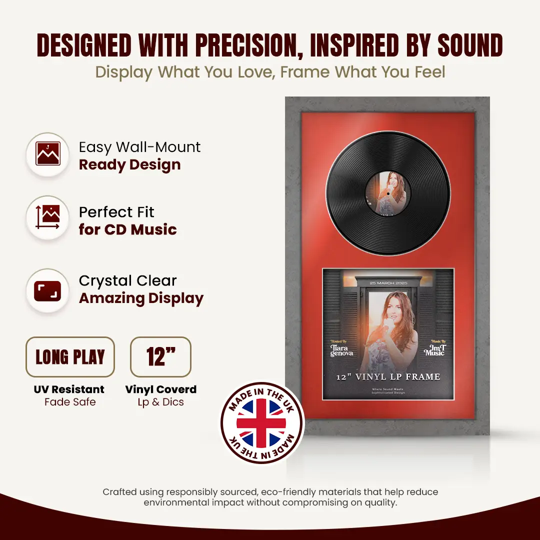 30x17" Modern Grey Marble Vinyl Record Frame With Poppy Red Mount | For 12" LP Cover and Disc Side By Side Display thumbnail 8