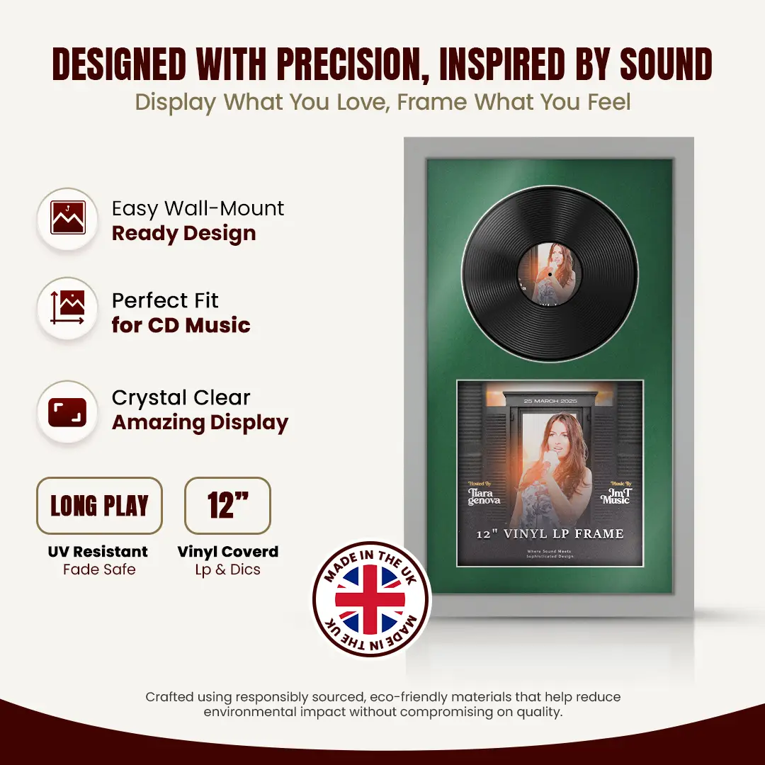 30x17" Modern Light Grey Vinyl Record Frame With Emerald (Green) Mount | Side by Side 12" LP Cover & Disc Display thumbnail 8