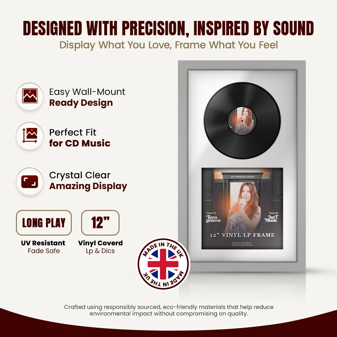 30x17" Modern Light Grey Vinyl Record Frame With Ice White Mount | For 12" LP Cover and Disc Side By Side Display thumbnail 8