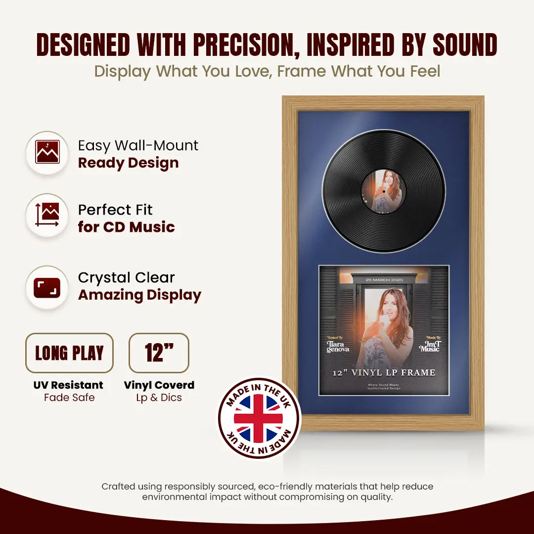30x17" Modern Light Oak Vinyl Record Frame With Blue Mount | Displays 12" LP Cover & Disc Side by Side thumbnail 8