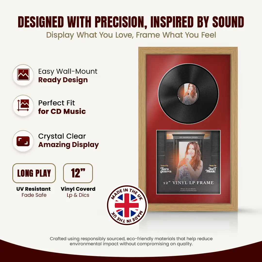 30x17" Modern Light Oak Vinyl Record Frame With Crimson Mount | Side by Side 12" LP Cover & Disc Display thumbnail 8