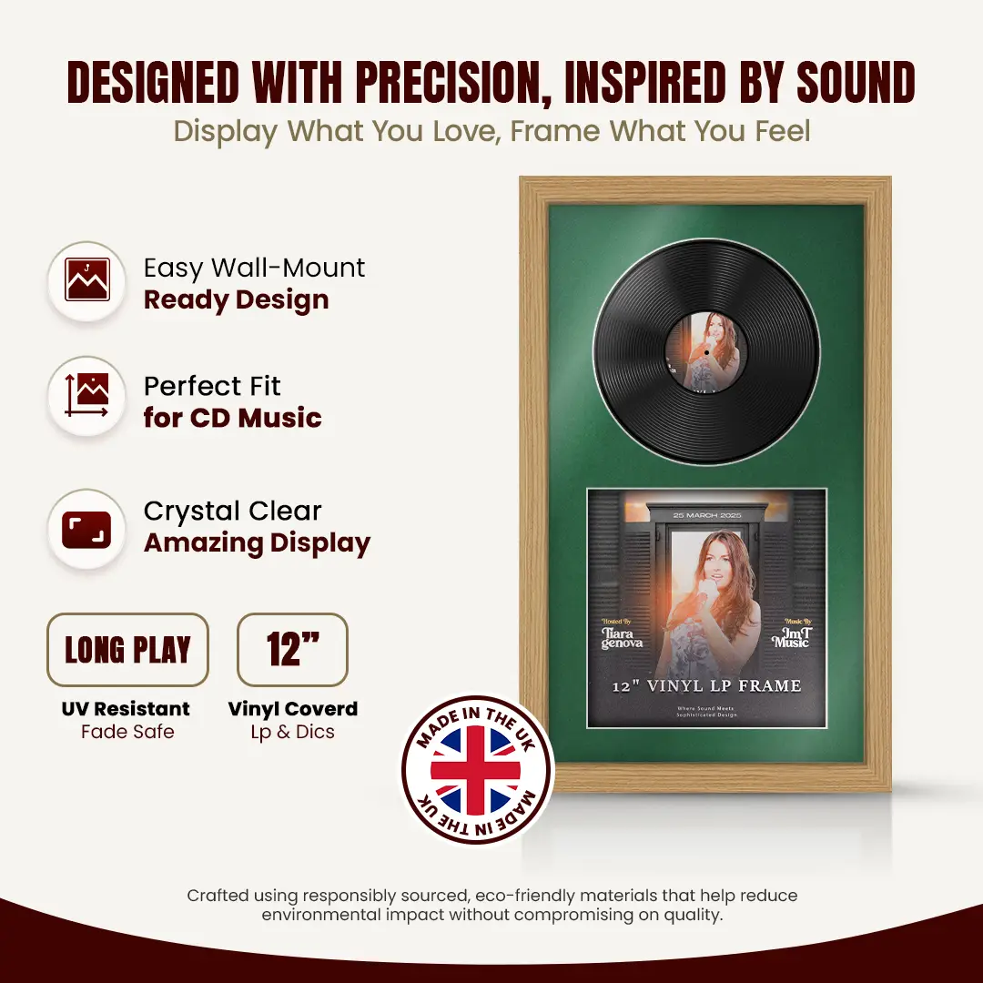 30x17" Modern Light Oak Vinyl Record Frame With Emerald (Green) Mount | Side by Side 12" LP Cover & Disc Display thumbnail 8