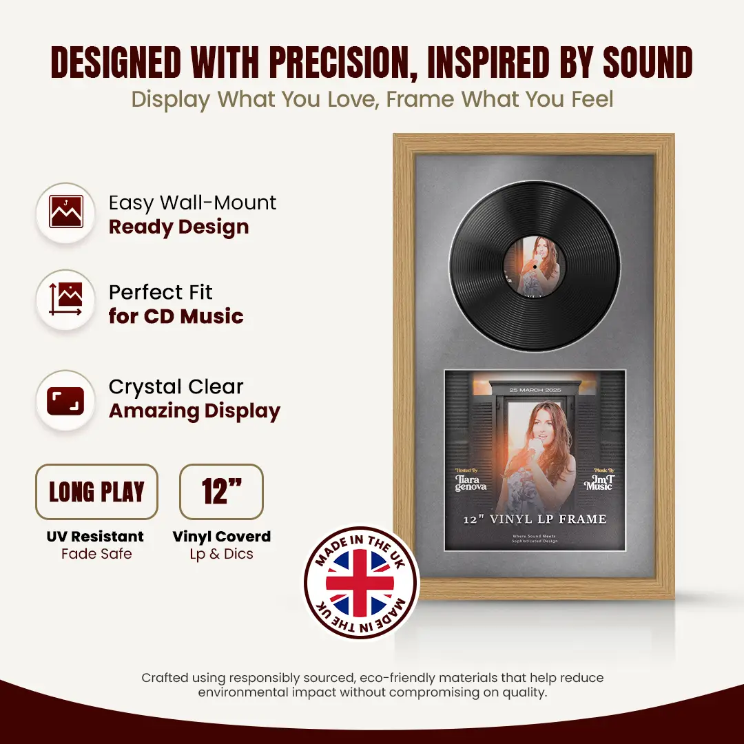 30x17" Modern Light Oak Vinyl Record Frame With Mid Grey Mount | Displays 12" LP Cover & Disc Side by Side thumbnail 8