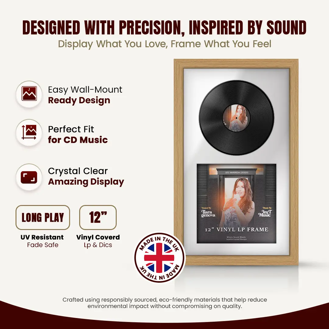 30x17" Modern Light Oak Vinyl Record Frame With Ice White Mount | For 12" LP Cover and Disc Side By Side Display thumbnail 8