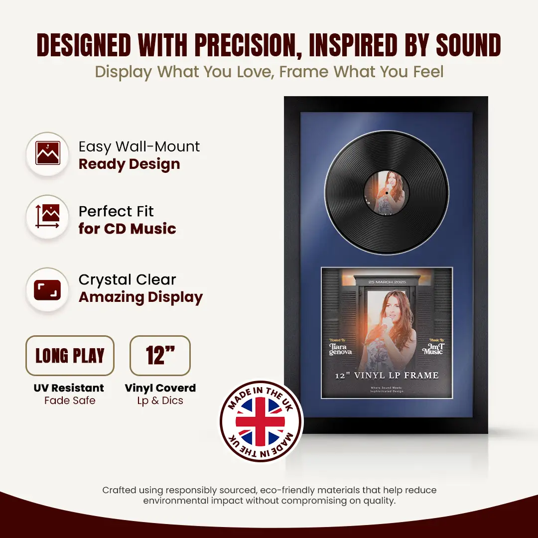 30x17" Modern Matte Black Vinyl Record Frame With Blue Mount | Displays 12" LP Cover & Disc Side by Side thumbnail 8