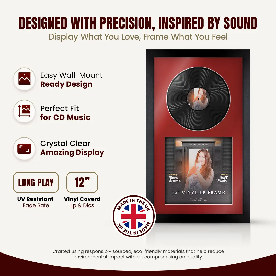 30x17" Modern Matte Black Vinyl Record Frame With Crimson Mount | Side by Side 12" LP Cover & Disc Display thumbnail 8