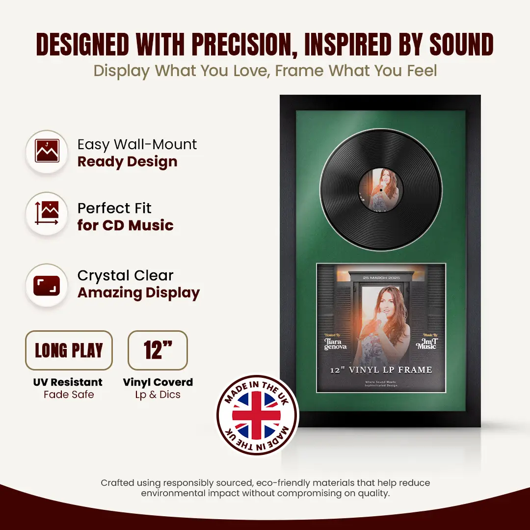 30x17" Modern Matte Black Vinyl Record Frame With Emerald (Green) Mount | For 12" LP Cover and Disc Side By Side Display thumbnail 8