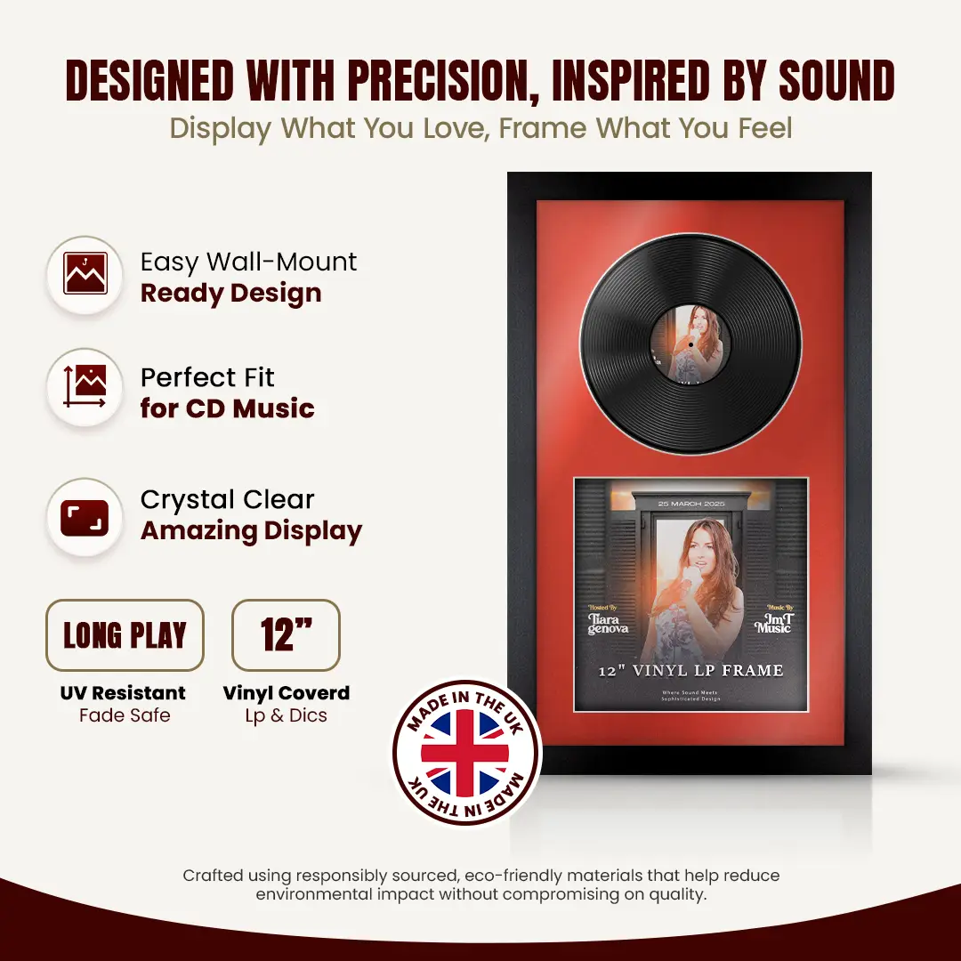 30x17" Modern Matte Black Vinyl Record Frame With Poppy Red Mount | For 12" LP Cover and Disc Side By Side Display thumbnail 8