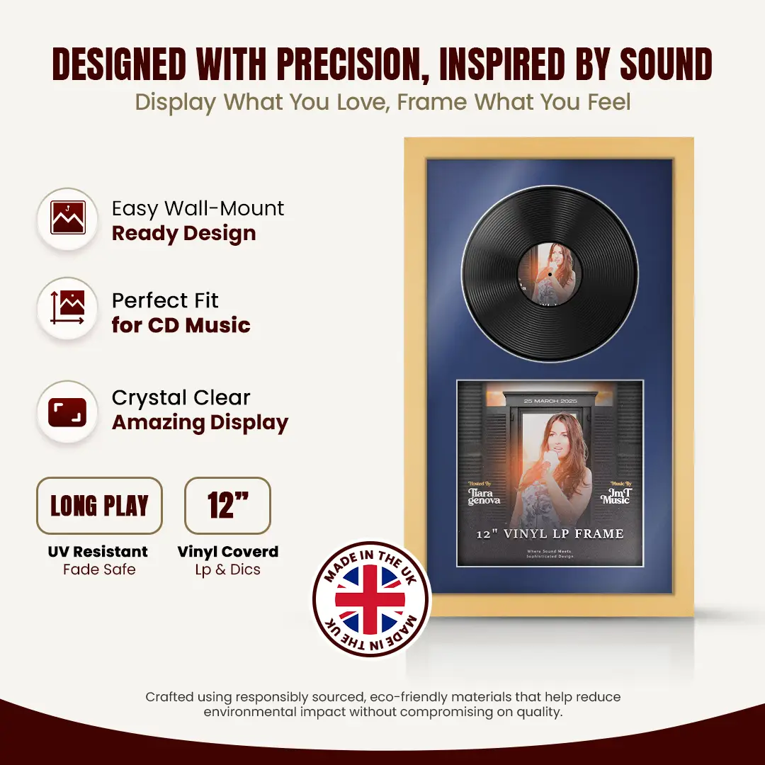 30x17" Modern Mustard Yellow Vinyl Record Frame With Blue Mount | Side by Side 12" LP Cover & Disc Display thumbnail 8
