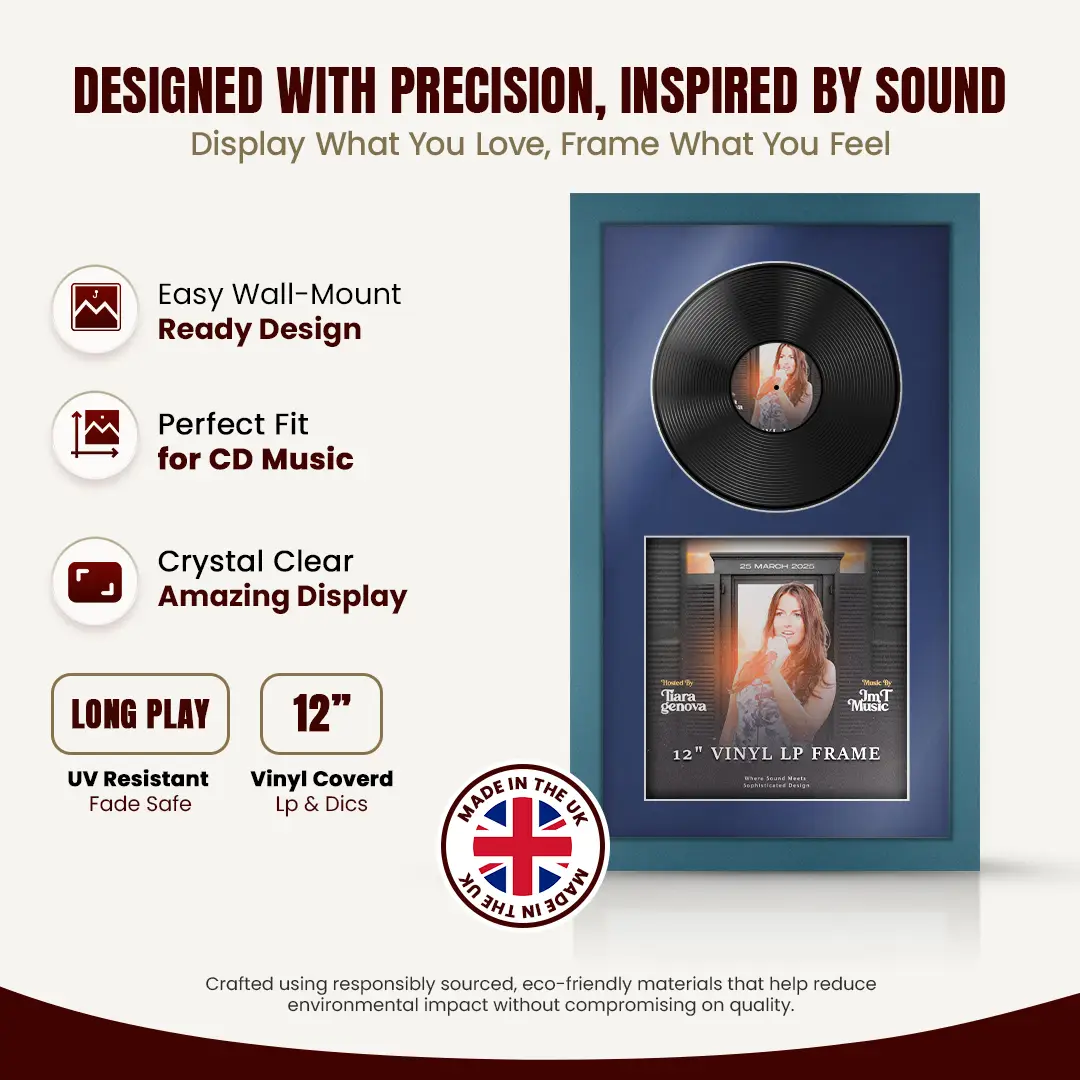 30x17" Modern Navy Blue Vinyl Record Frame With Blue Mount | Side by Side 12" LP Cover & Disc Display thumbnail 8