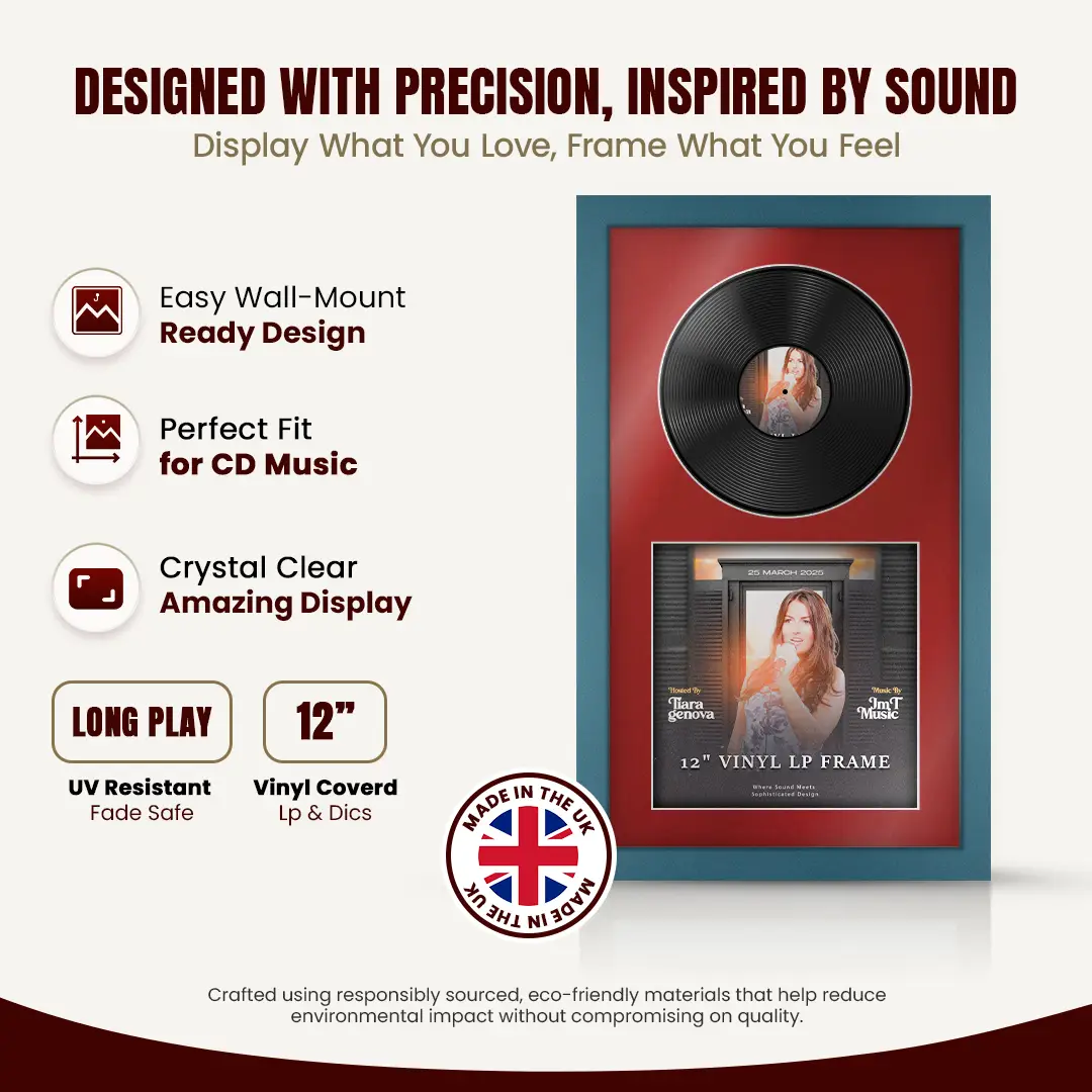 30x17" Modern Navy Blue Vinyl Record Frame With Crimson Mount | Side by Side 12" LP Cover & Disc Display thumbnail 8