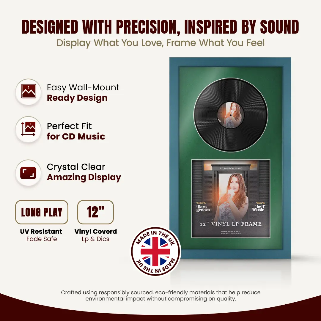 30x17" Modern Navy Blue Vinyl Record Frame With Emerald (Green) Mount | Displays 12" LP Cover & Disc Side by Side thumbnail 8