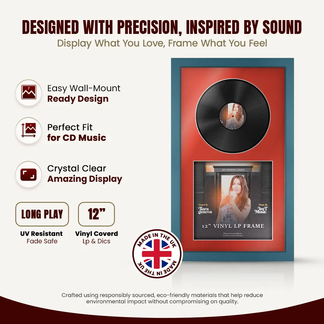 30x17" Modern Navy Blue Vinyl Record Frame With Poppy Red Mount | Displays 12" LP Cover & Disc Side by Side thumbnail 8