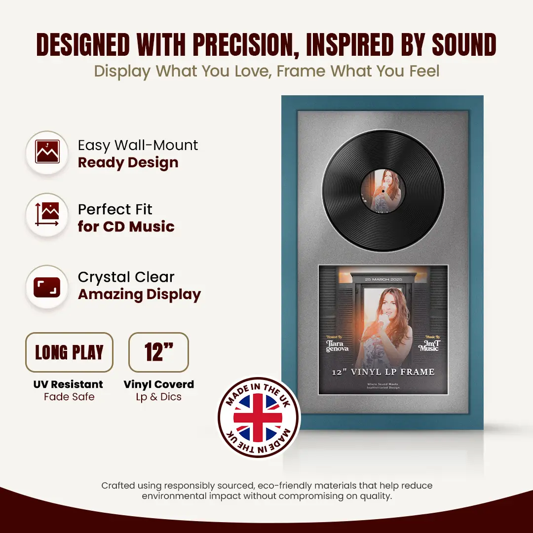 30x17" Modern Navy Blue Vinyl Record Frame With Silver Mount | Side by Side 12" LP Cover & Disc Display thumbnail 8