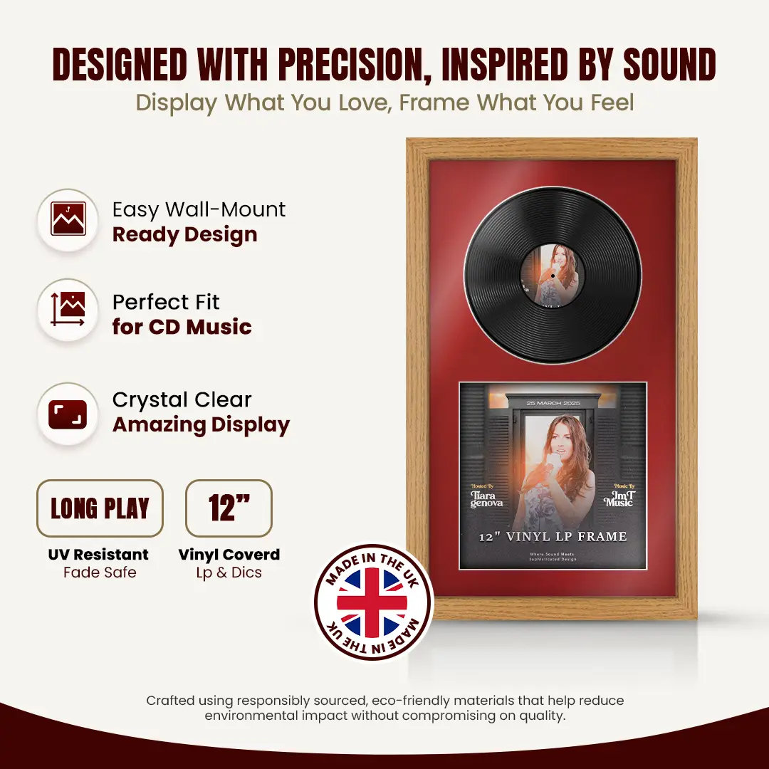 30x17" Modern Oak Vinyl Record Frame With Crimson Mount | Side by Side 12" LP Cover & Disc Display thumbnail 8