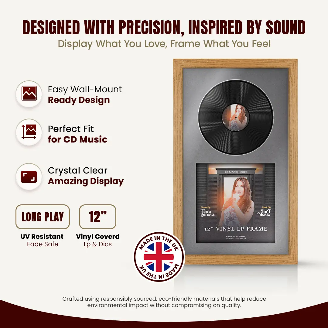 30x17" Modern Oak Vinyl Record Frame With Mid Grey Mount | For 12" LP Cover and Disc Side By Side Display thumbnail 8