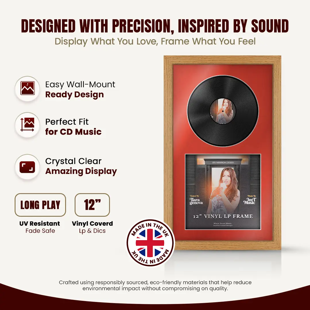 30x17" Modern Oak Vinyl Record Frame With Poppy Red Mount | Displays 12" LP Cover & Disc Side by Side thumbnail 8