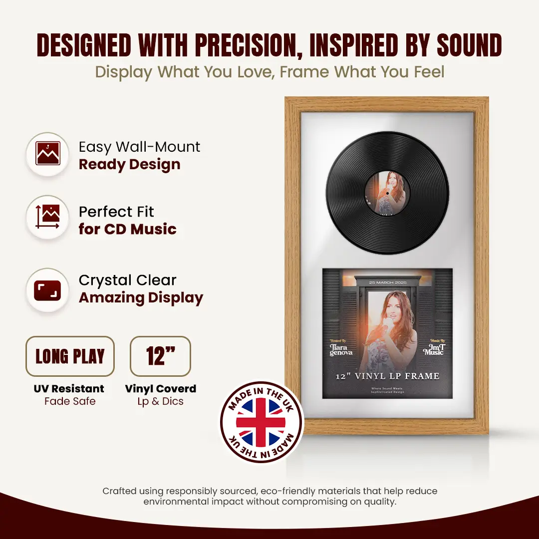 30x17" Modern Oak Vinyl Record Frame With Ice White Mount | Displays 12" LP Cover & Disc Side by Side thumbnail 8