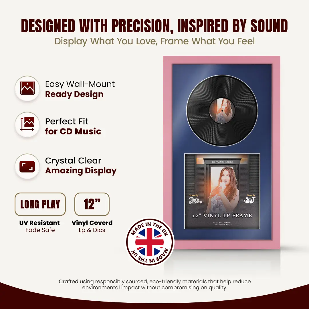 30x17" Modern Pastel Pink Vinyl Record Frame With Blue Mount | Displays 12" LP Cover & Disc Side by Side thumbnail 8