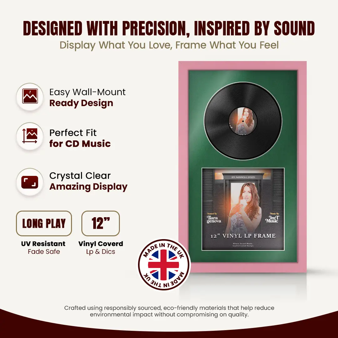 30x17" Modern Pastel Pink Vinyl Record Frame With Emerald (Green) Mount | Side by Side 12" LP Cover & Disc Display thumbnail 8