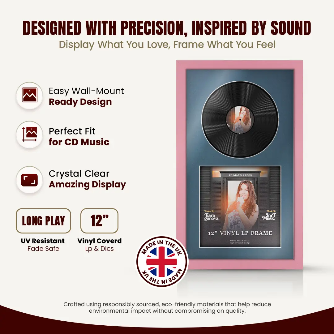 30x17" Modern Pastel Pink Vinyl Record Frame With Pompador Mount | For 12" LP Cover and Disc Side By Side Display thumbnail 8