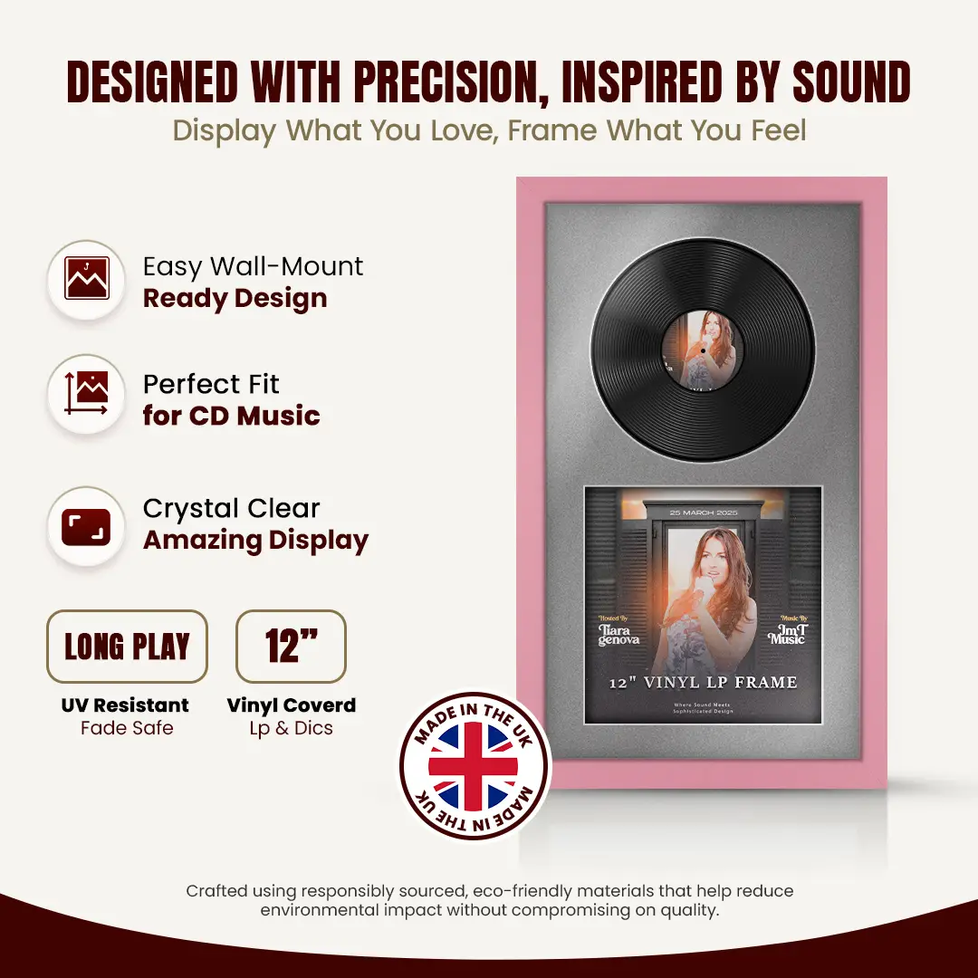 30x17" Modern Pastel Pink Vinyl Record Frame With Silver Mount | Side by Side 12" LP Cover & Disc Display thumbnail 8