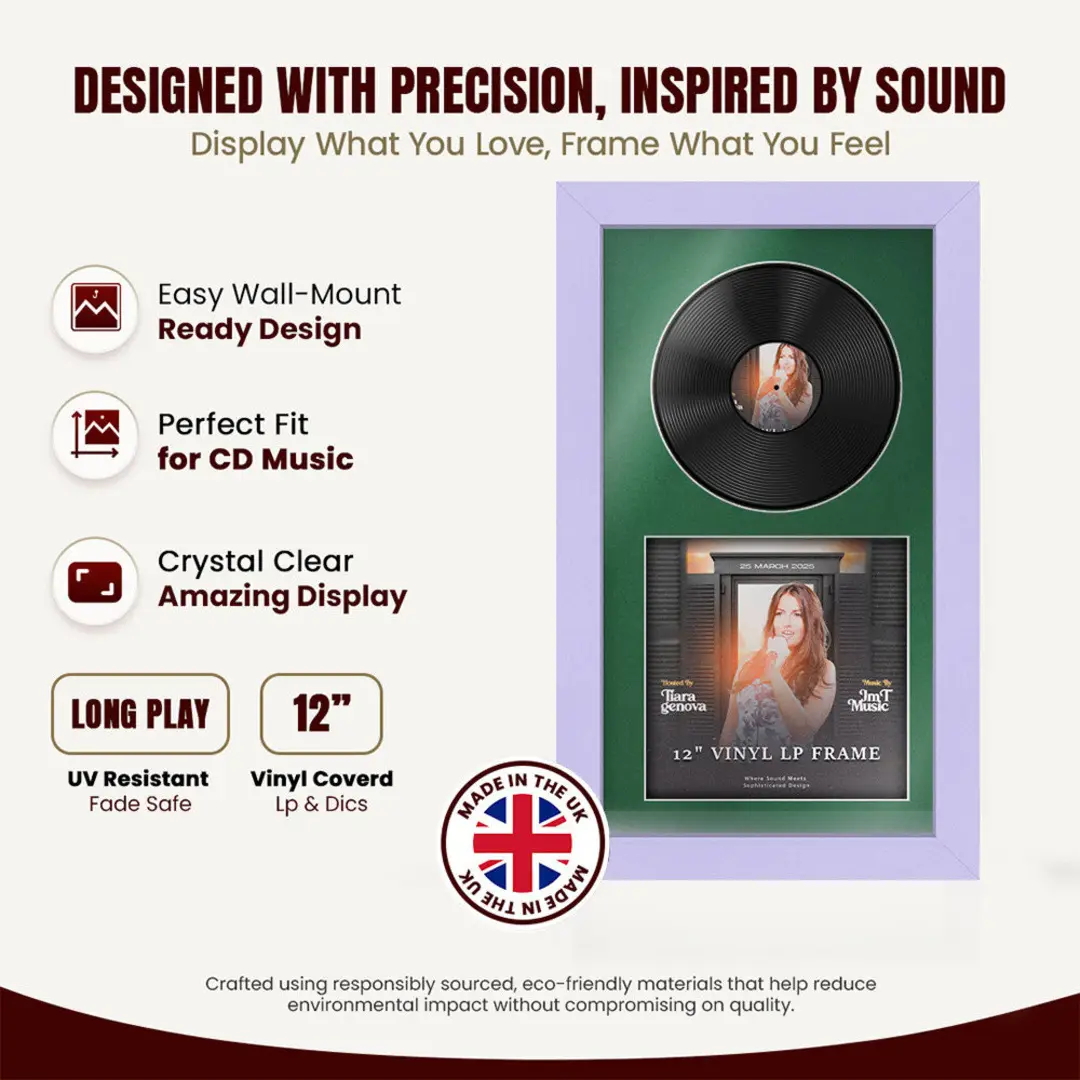 30x17" Modern Purple Vinyl Record Frame With Emerald (Green) Mount | For 12" LP Cover and Disc Side By Side Display thumbnail 8