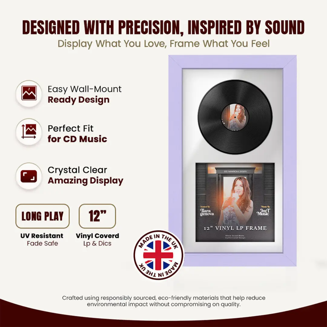 30x17" Modern Purple Vinyl Record Frame With Ice White Mount | Displays 12" LP Cover & Disc Side by Side thumbnail 8