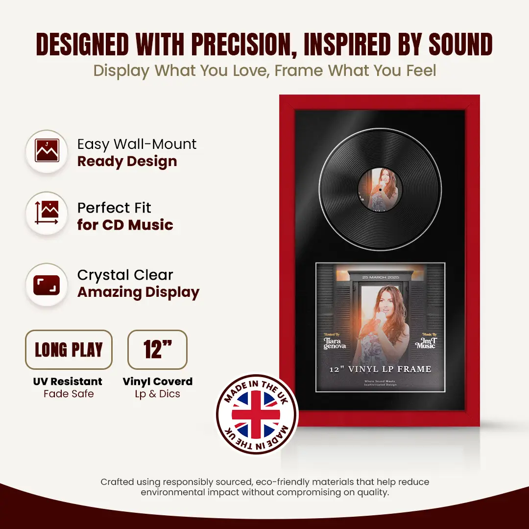 30x17" Modern Red Vinyl Record Frame With Black Mount | Displays 12" LP Cover & Disc Side by Side thumbnail 8