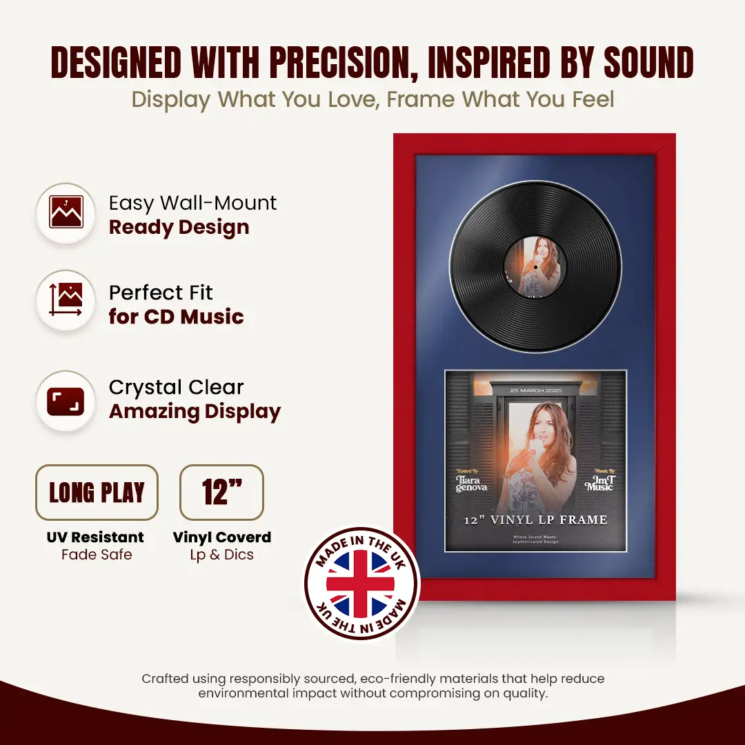 30x17" Modern Red Vinyl Record Frame With Blue Mount | Displays 12" LP Cover & Disc Side by Side thumbnail 8