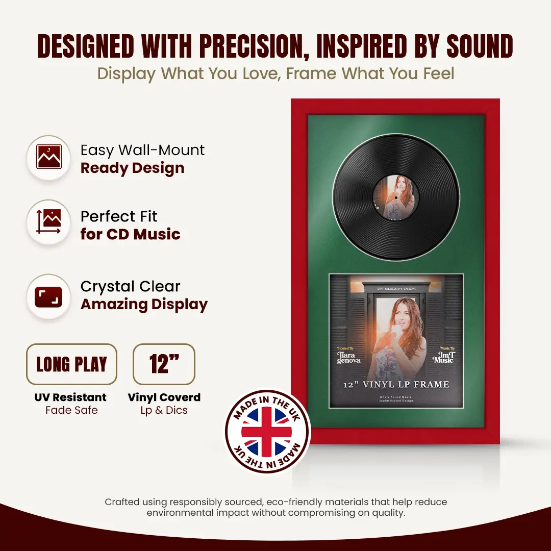 30x17" Modern Red Vinyl Record Frame With Emerald (Green) Mount | Side by Side 12" LP Cover & Disc Display thumbnail 8
