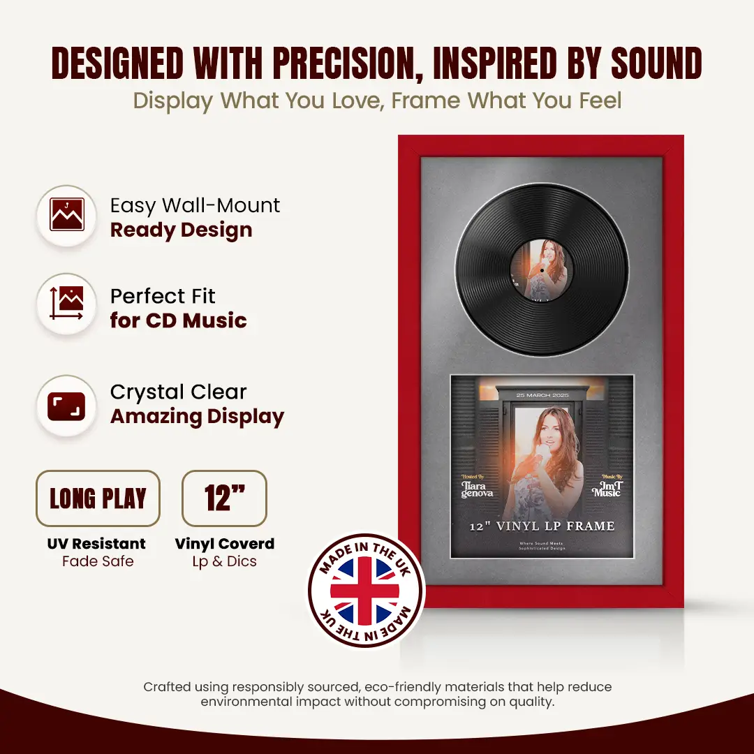 30x17" Modern Red Vinyl Record Frame With Mid Grey Mount | Displays 12" LP Cover & Disc Side by Side thumbnail 8