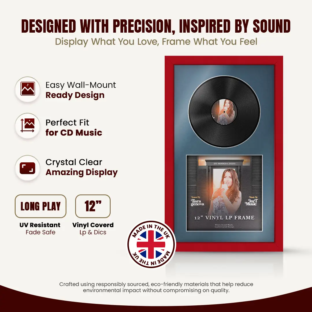 30x17" Modern Red Vinyl Record Frame With Pompador Mount | Displays 12" LP Cover & Disc Side by Side thumbnail 8